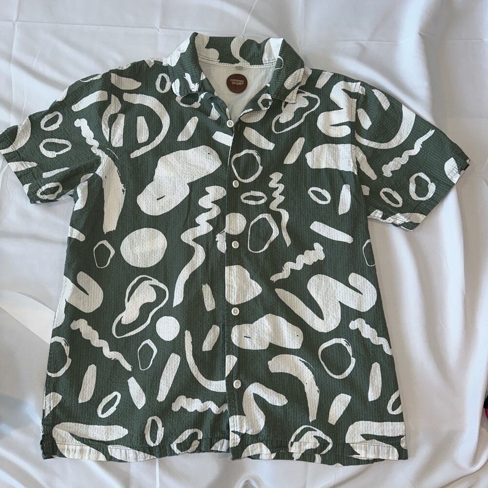 Common People Button Up Shirt Mens L Green Short Sleeve Cotton Artsy Boho Resort